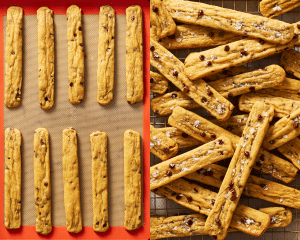 Side-by-side of cookie fries baked on silicone baking mat then sprinkled with flaky sea salt.