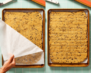 Side-by-side of removing top parchment paper then cutting into even-shaped fries.