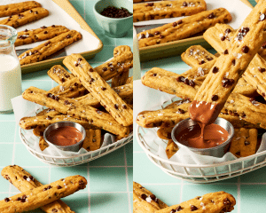 Two images side-by-side of cookie fries in a basket with chocolate sauce then a fry being dipped into it.