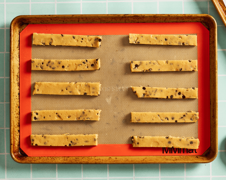 Cookie fries on silicone baking mat before baking.