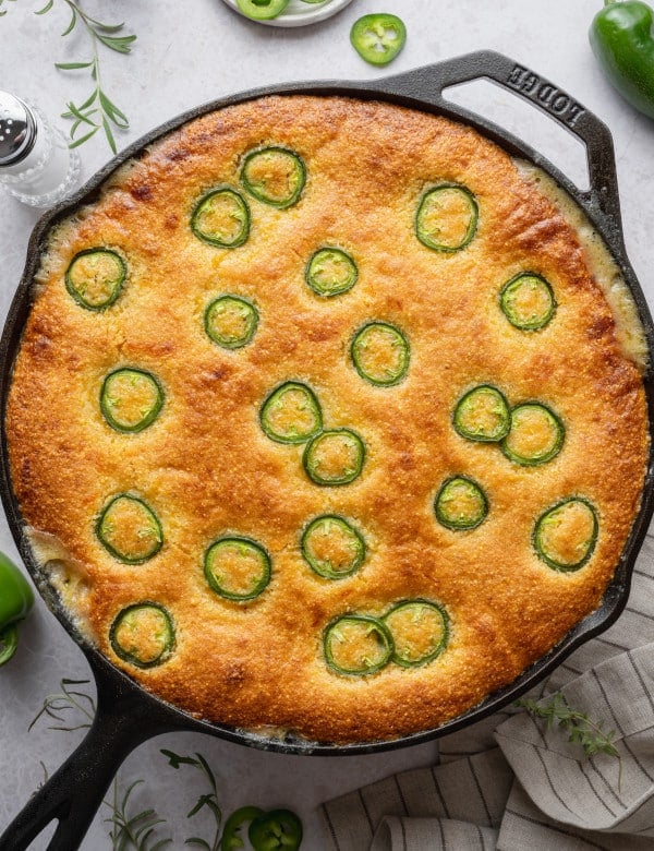 Cornbread chicken pot pie baked in 12-inch cast iron skillet.