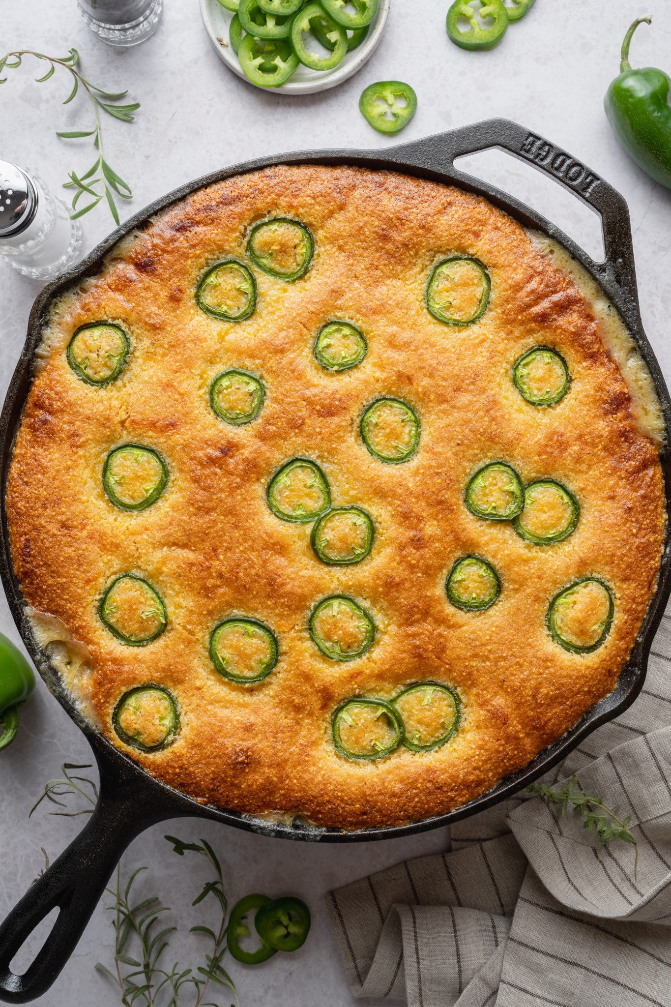 Cornbread chicken pot pie baked in 12-inch cast iron skillet.