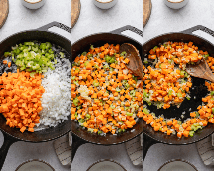 Three images side-by-side of cooking the vegetables for 10-12 minutes until soft.