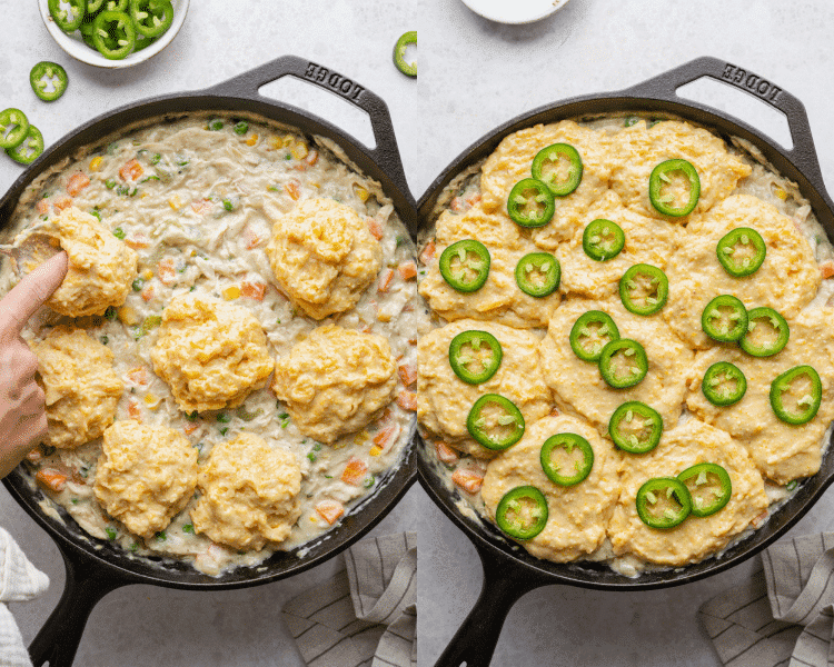 Side-by-side image of scooping the cornbread batter on top of the chicken pie filling then topping with sliced jalapenos.