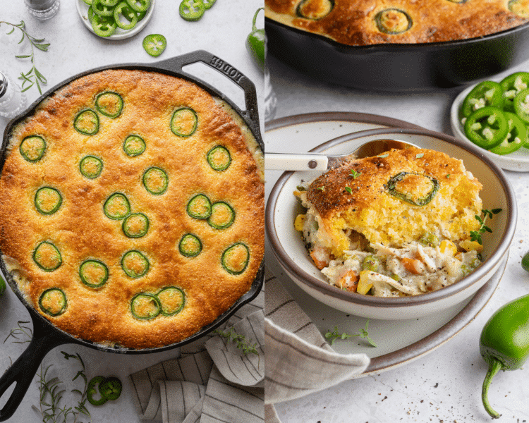 Side-by-side of the baked cornbread chicken pie in cast-iron skillet then served in a bowl with a spoon.