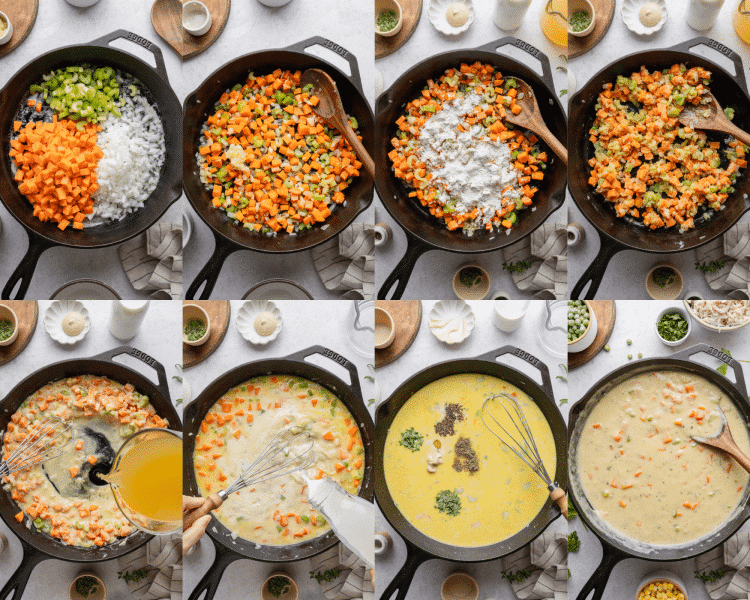 Eight images showing how to make the base for the chicken pie filling.