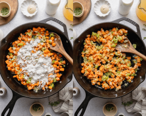 Side-by-side image of adding the flour on top of the cooked veggies to build the roux.