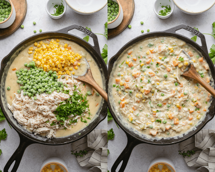 Side-by-side of adding the chicken and veggies to the pie base and mixing until combined.