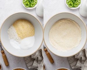 Side-by-side image of whisking together the dry ingredients for the cornbread.