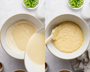 Side-by-side image of combining the wet and dry ingredients for the cornbread batter.