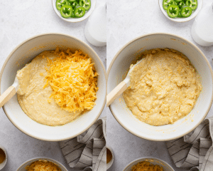 Side-by-side of mixing in the shredded cheddar cheese.