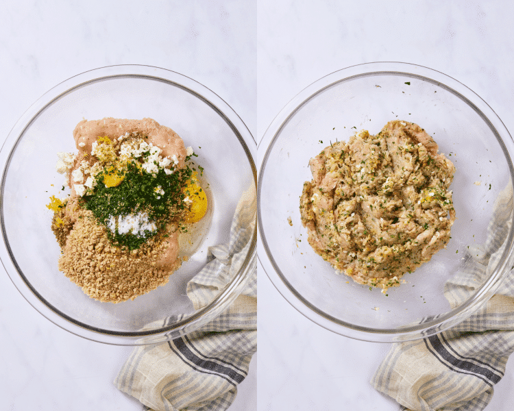 Side-by-side of combining meatball ingredients in mixing bowl.