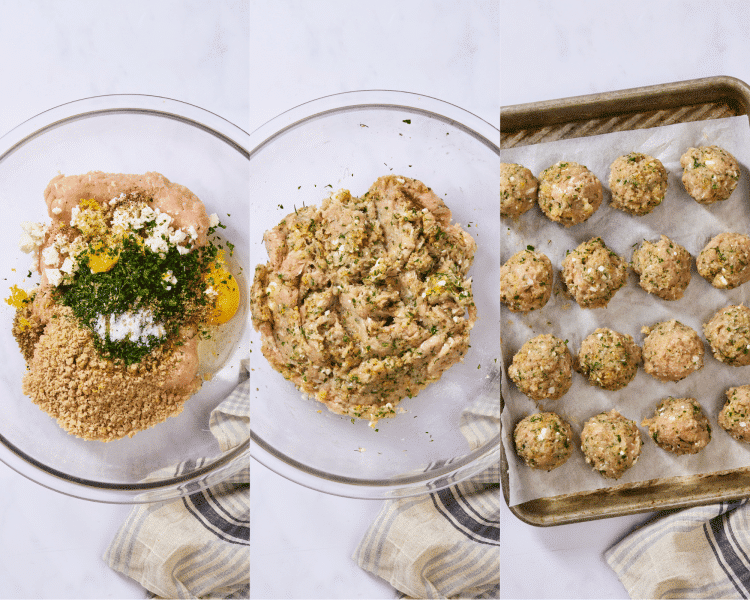 Three images showing how to mix and roll the meatballs.