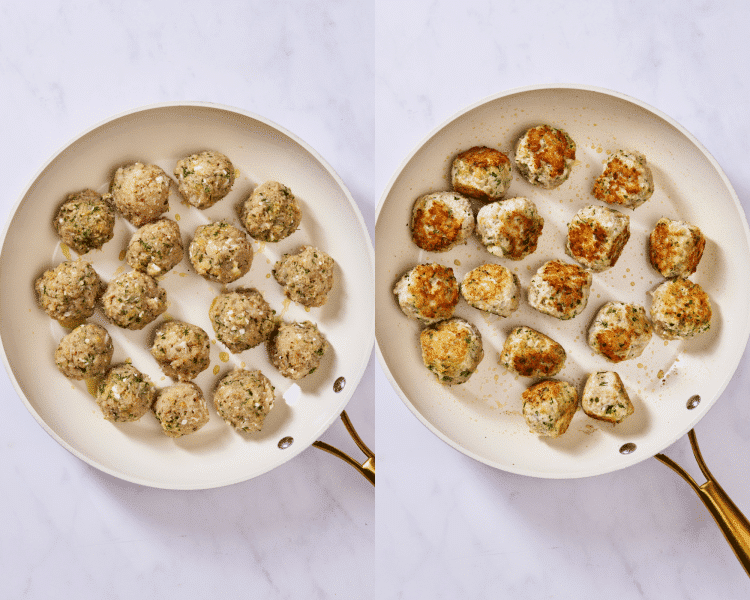 Side-by-side image of browning meatballs in large skillet.