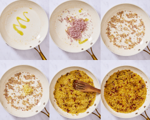 Six images showing how to build the orzo base.