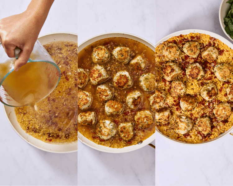 Three images side-by-side showing adding the chicken broth, then adding back in the meatballs and letting it cook until meatballs and orzo are cooked through.