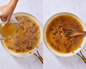 Side-by-side image of adding chicken broth to toasted orzo and letting it simmer.