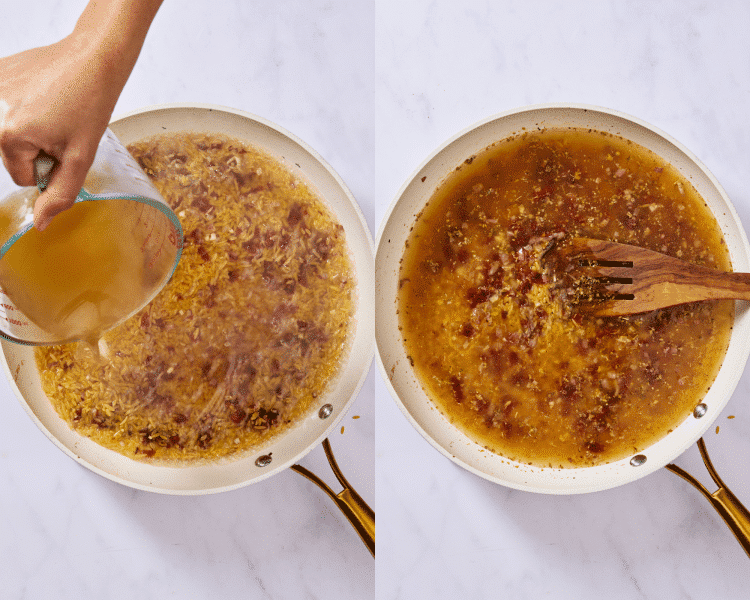 Side-by-side image of adding chicken broth to toasted orzo and letting it simmer.