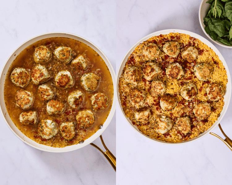 Side-by-side of adding meatballs back into skillet and letting it cook until orzo and meatballs and fully cooked.