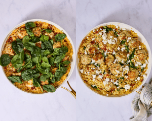 Side-by-side image of adding spinach into skillet and cooking until it's wilted then garnishing with feta cheese.