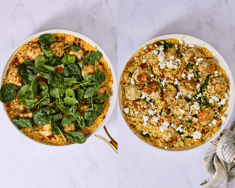 Side-by-side image of adding spinach into skillet and cooking until it's wilted then garnishing with feta cheese.