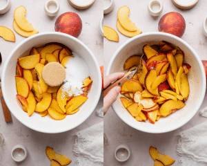 Side-by-side image of making the peach filling.