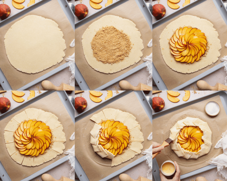 Six images showing how to assemble peach galette.