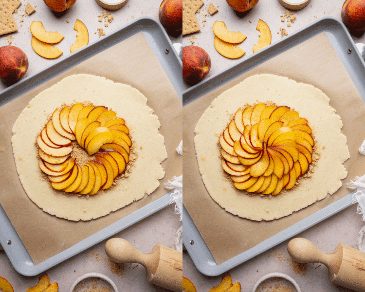 Side-by-side of adding the peach filling to the center of pie crust on a baking sheet.