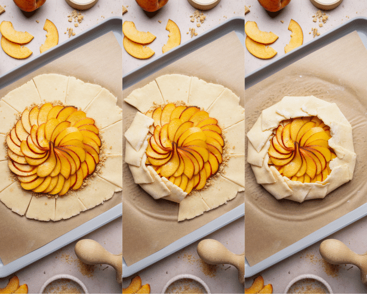 Three images side-by-side showing how to cut the edges and fold over to assemble galette.