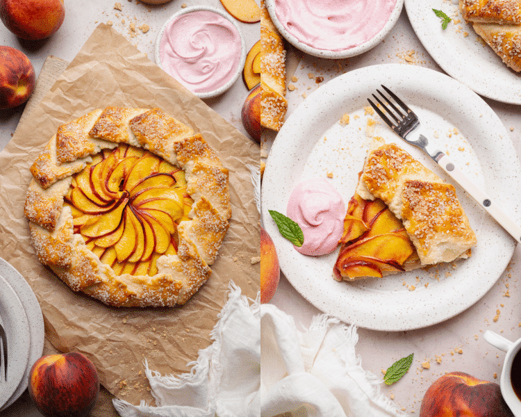 Side-by-side image of baked peach galette then a slice served on a plate with raspberry whipped cream.