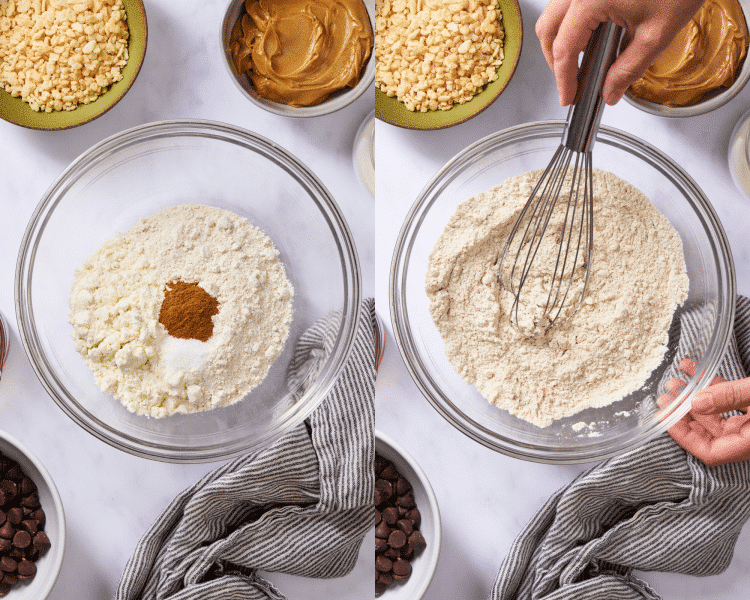 Side-by-side image of whisking dry ingredients together for peanut butter mixture.