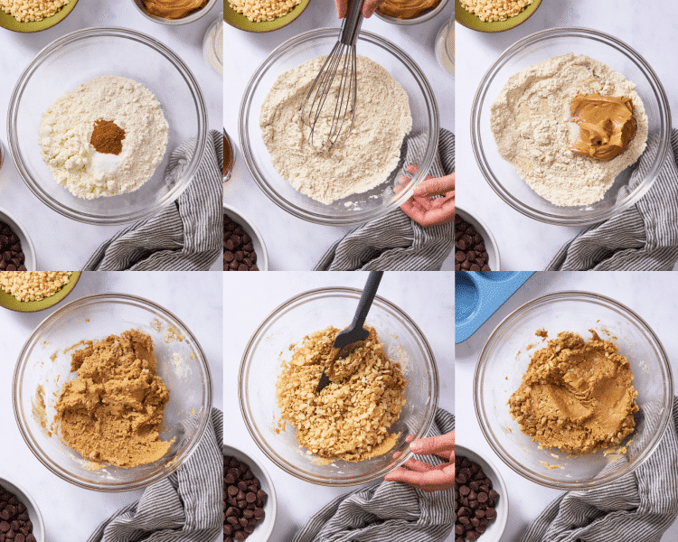 Six images showing how to make the peanut butter mixture.