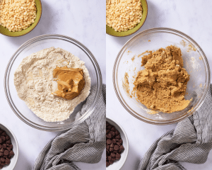 Side-by-side image of adding wet ingredients to dry ingredients for peanut butter mixture.
