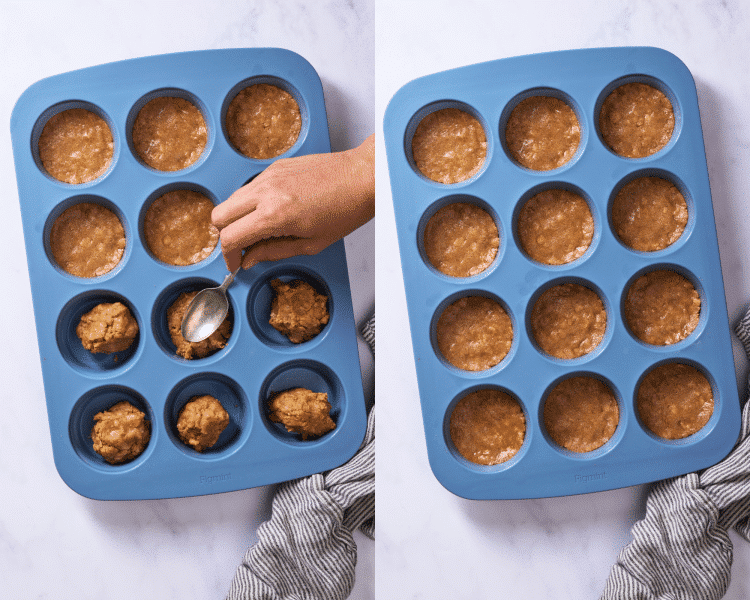 Side-by-side of adding the peanut butter mixture into the 12 silicone molds.