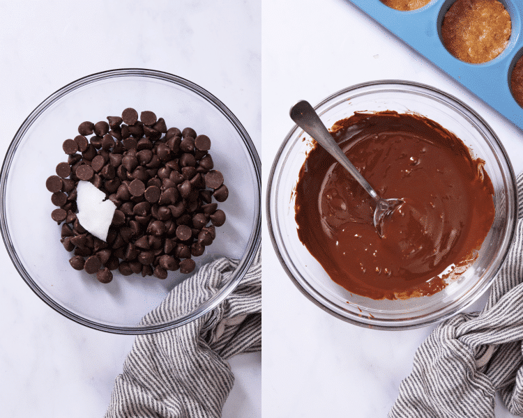 Side-by-side of melting chocolate and coconut oil in a glass bowl.