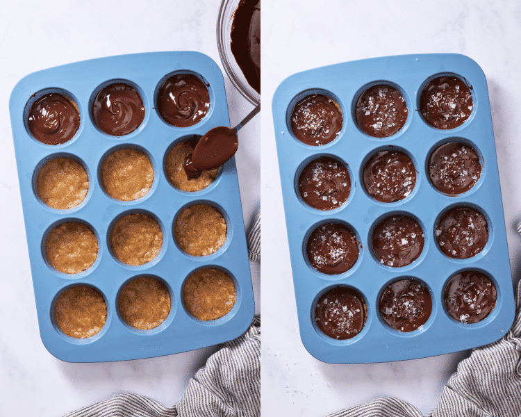 Side-by-side image of adding melted chocolate and flaky salt on top of peanut butter mixture.