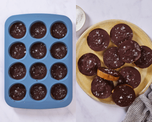 Side-by-side of chilling the peanut butter cups for 1-2 hours until set then popping out and serving on a plate.