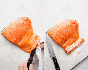 Side-by-side of using a paper towel to gently tug skin while sliding knife between skin and flesh of salmon.