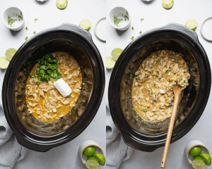 Side-by-side image of adding cream cheese and fresh cilantro to crockpot and stirring until combined.