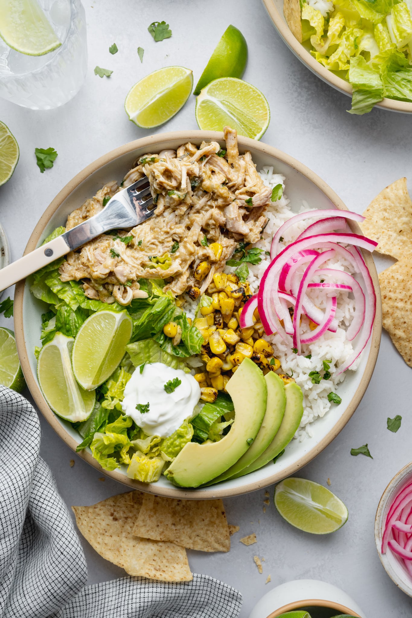 Salsa verde chicken served with toppings over rice.