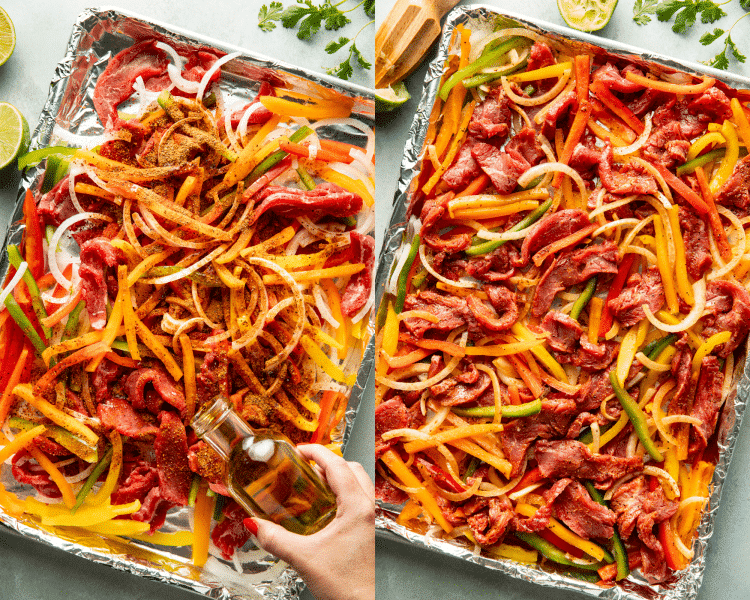 Side-by-side of sprinkling the steak, peppers and onions with oil and fajita seasoning then tossing to coat on sheet pan.