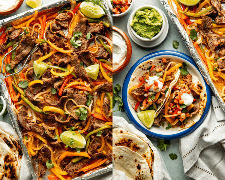 Side-by-side of sheet pan fajitas cooked on a sheet pan and garnished with lime wedges then served in two tortillas on a plate.